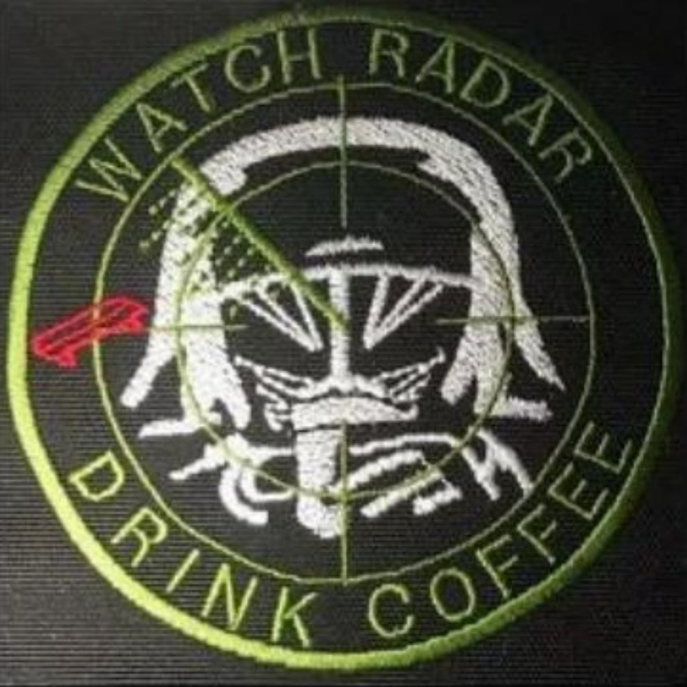 Funny Spaceballs patch of Dark Helmet drinking coffee while watching radar blips